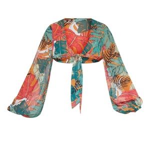 PrettyLittleThing Orange Big Leaf Tie Front Beach Top
